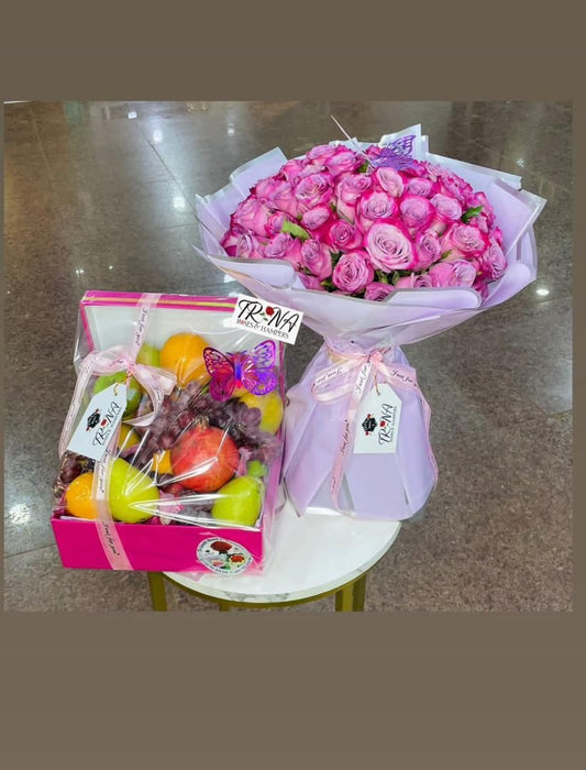 Fresh Fruits & Bloom Hamper – Fruit Box with Large Flower Bouquet