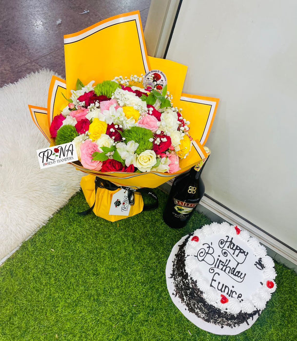 Birthday Delight Hamper – Flowers, Wine & Red Velvet Cake