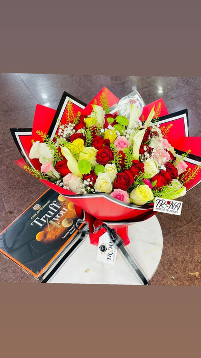 Elegant Mixed Flower Bouquet with Premium Chocolate Box