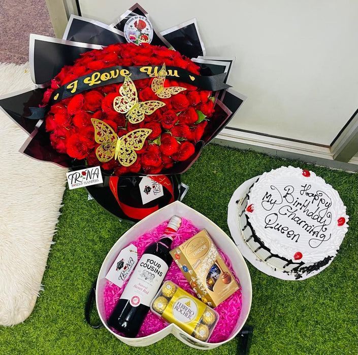 Romantic Love Hamper – Red Velvet Cake, Chocolates, Wine & Red Bouquet