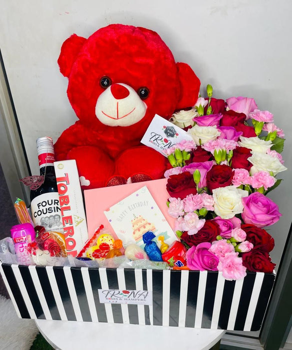 Romantic Girlfriend Hamper – Teddy Bear, Box Flowers, Wine, Chocolates &amp; Jewelry