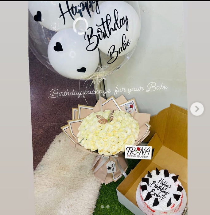 Perfect Celebration Hamper – Bouquet, Balloons & Cake