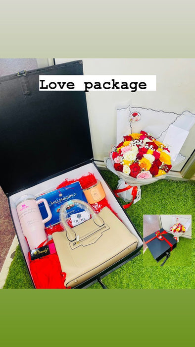 Ultimate Love Package – Bouquet, Chocolates, Scented Candle,  Stanley mug, cozy nightwear, stylish bag, and elegant gift box